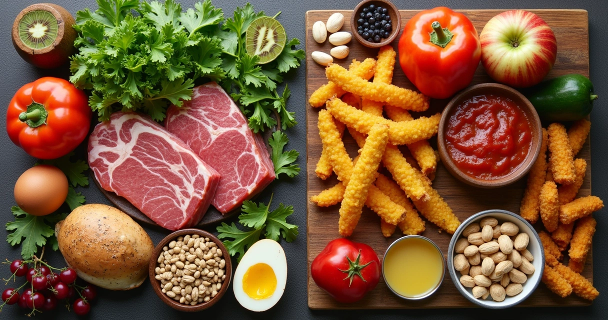 Prato com alimentos naturais e industrializados lado a lado 