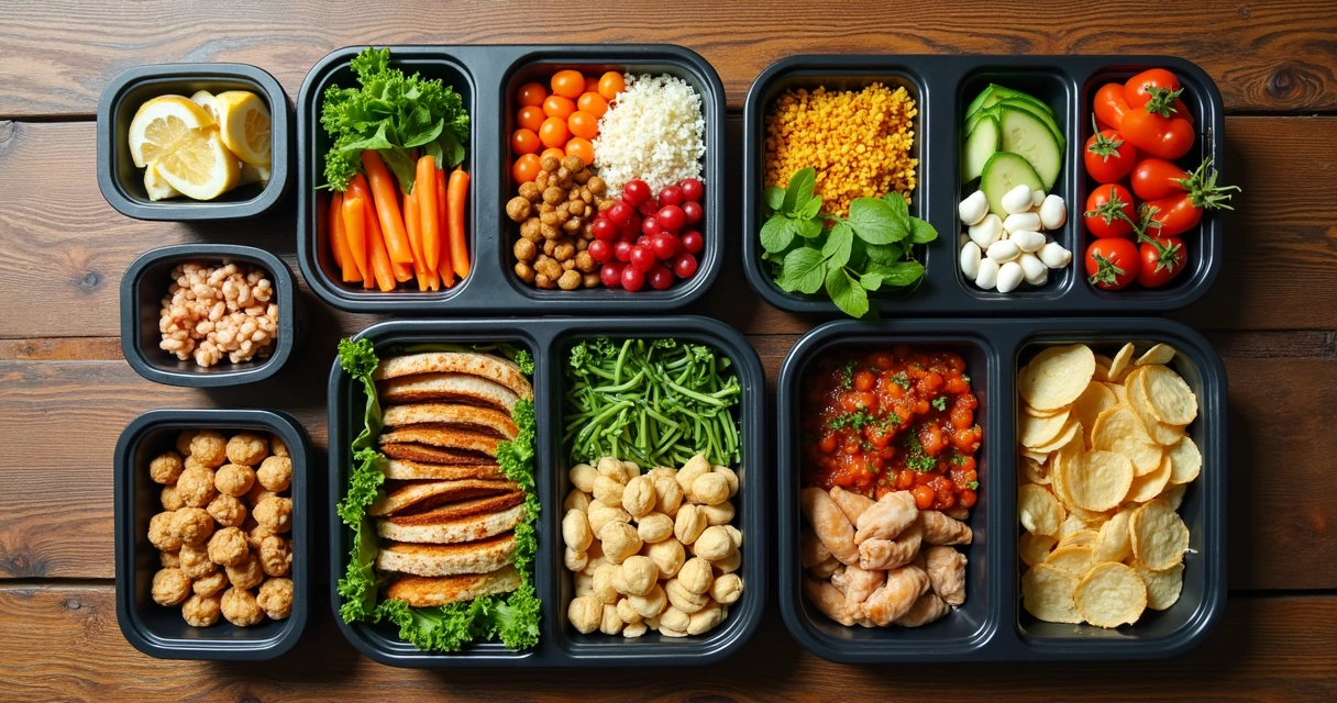 Mesa vista de cima, com marmitas fitness, saladas e porções saudáveis alinhadas