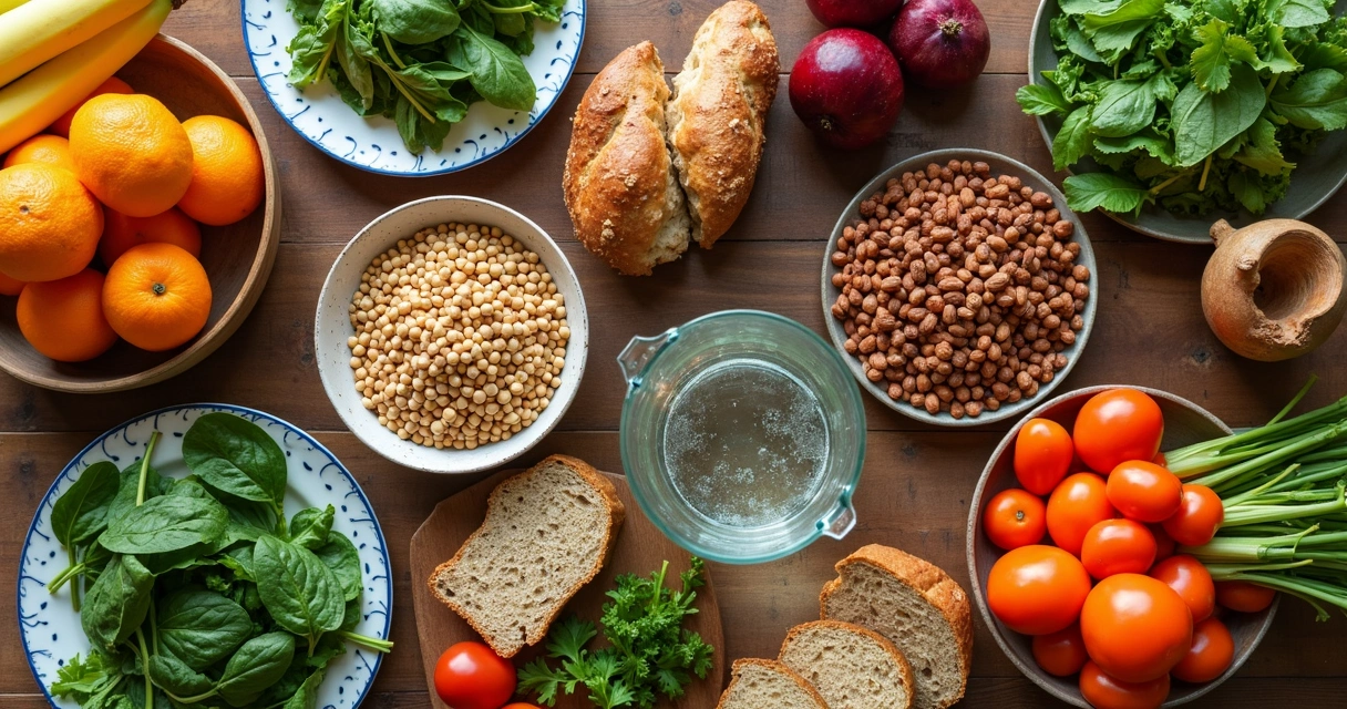 Mesa com variedade de alimentos naturais e coloridos 