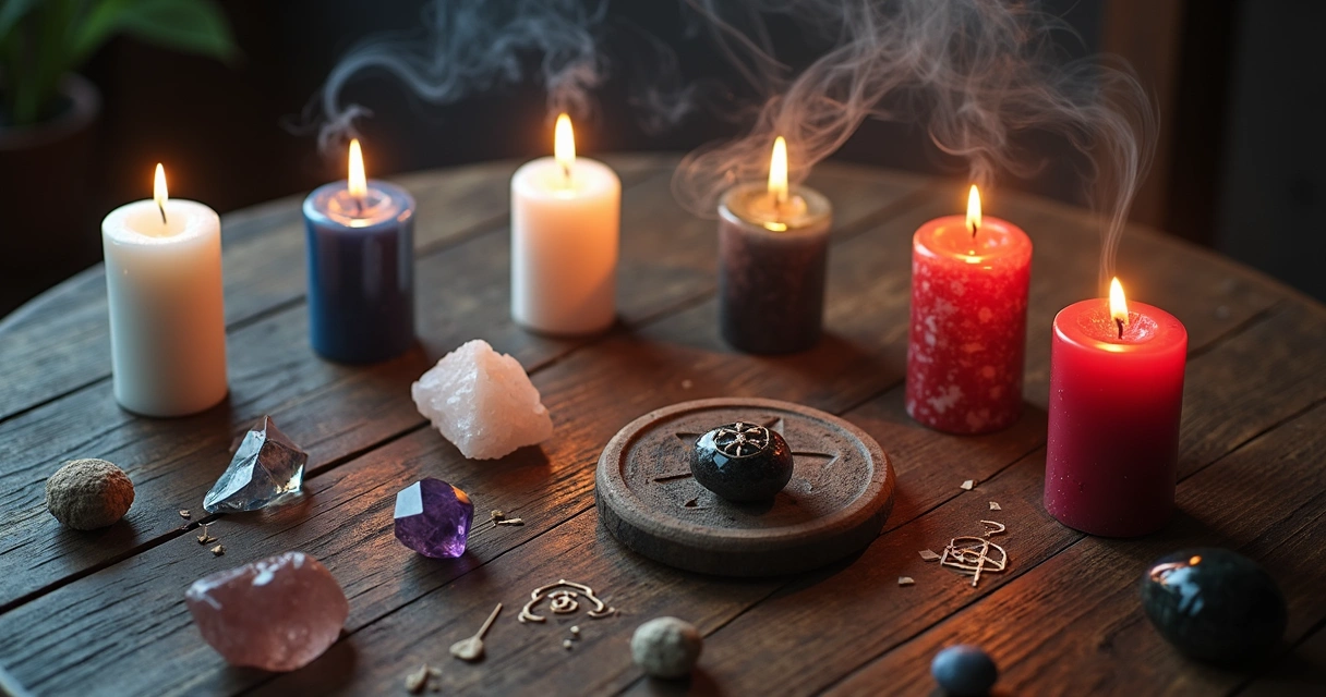Mesa com várias velas coloridas acesas, símbolos de proteção e cristais 