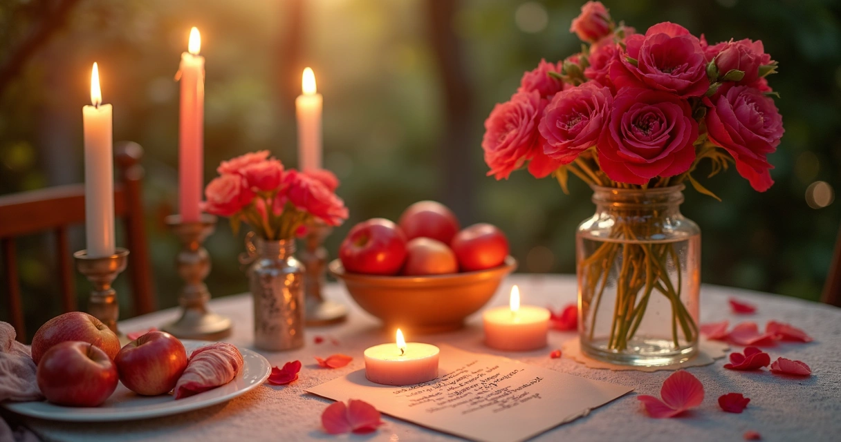 Mesa com velas, flores e ingredientes para simpatia de amor 