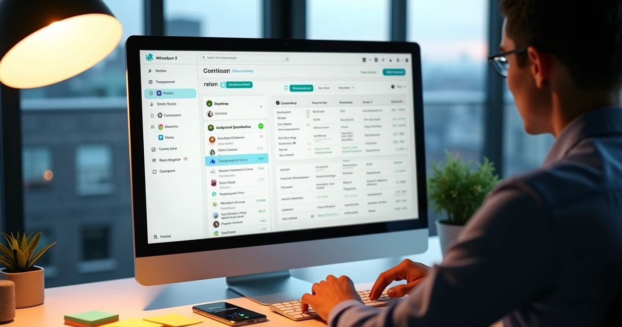 Vendedor usando sistema CRM consultando contratos de vendas na tela do computador 