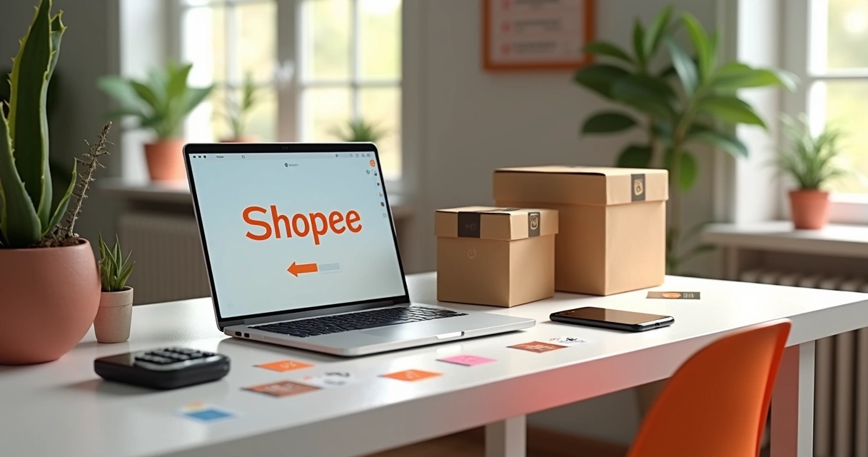 Mesa de trabalho com computador, etiquetas e produtos para venda online 