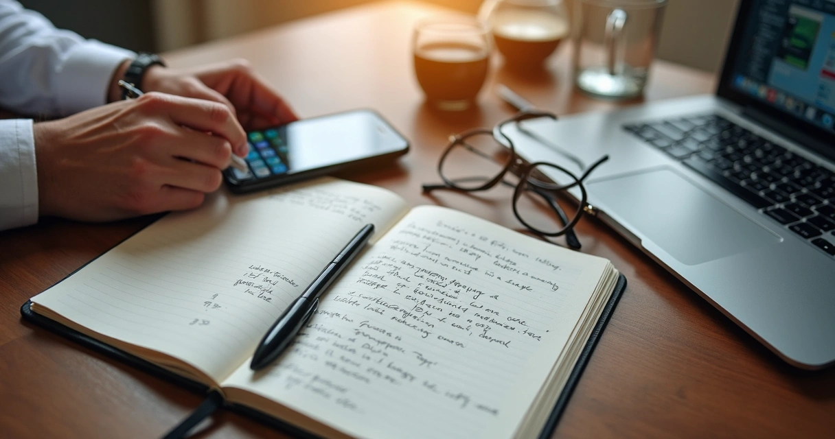 Mesa com celular, caderno e pessoa verificando informações