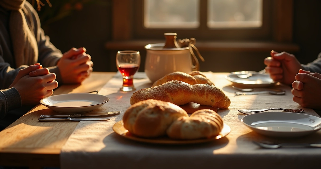 Mesa posta com pão e vinho ao centro, entre luz suave e mãos unidas em oração 