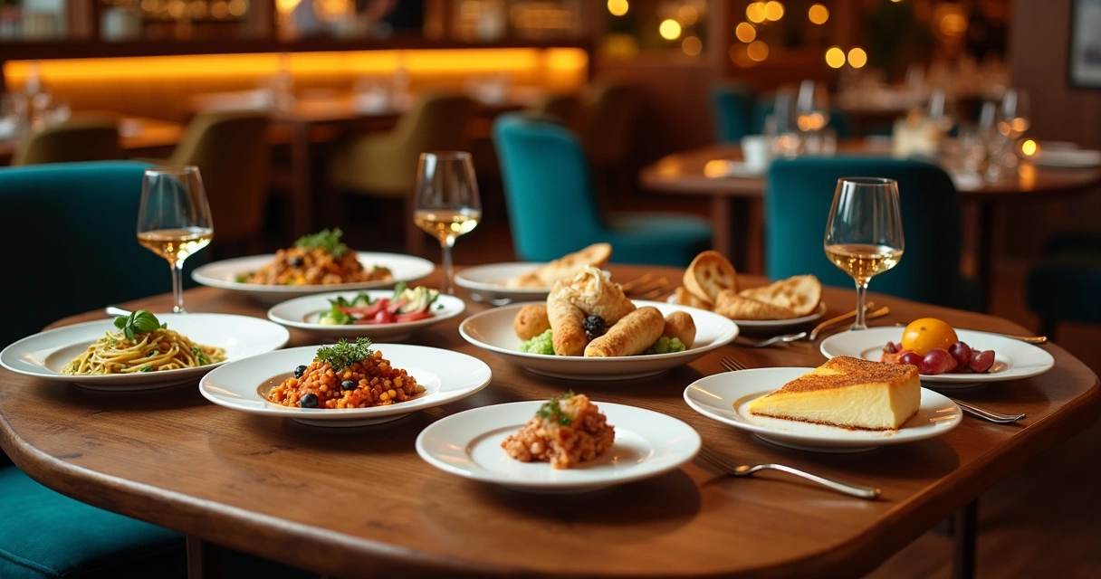 Mesa de degustação com pratos típicos de vários países e taças de vinho em ambiente sofisticado 