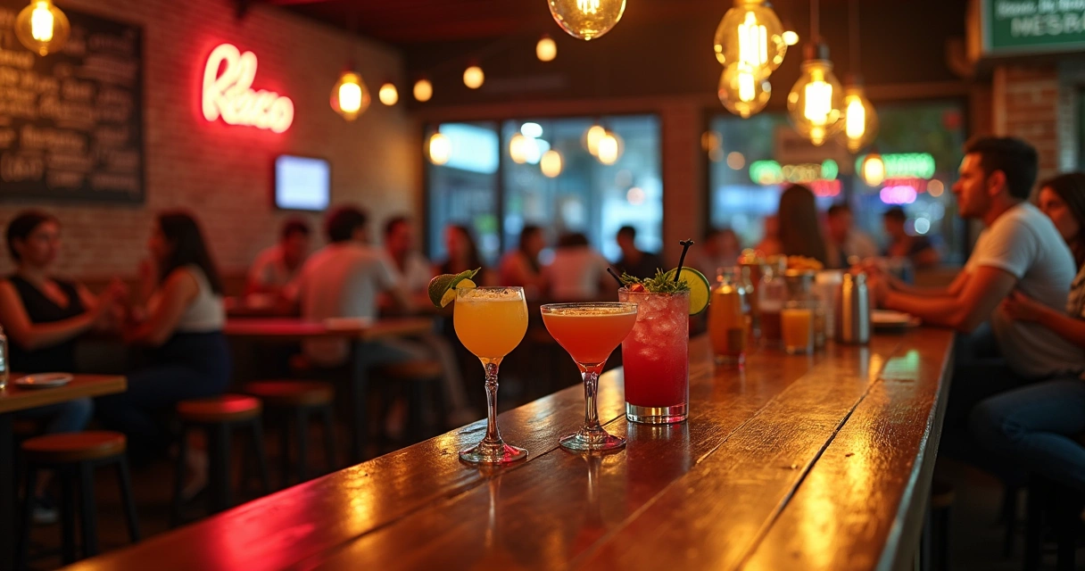 Balcão de bar colorido e mesas cheias de drinks variados 