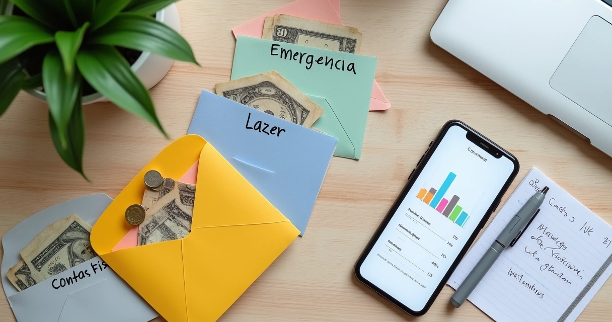 Mesa vista de cima com envelopes coloridos e app de finanças organizado em caixinhas no celular 