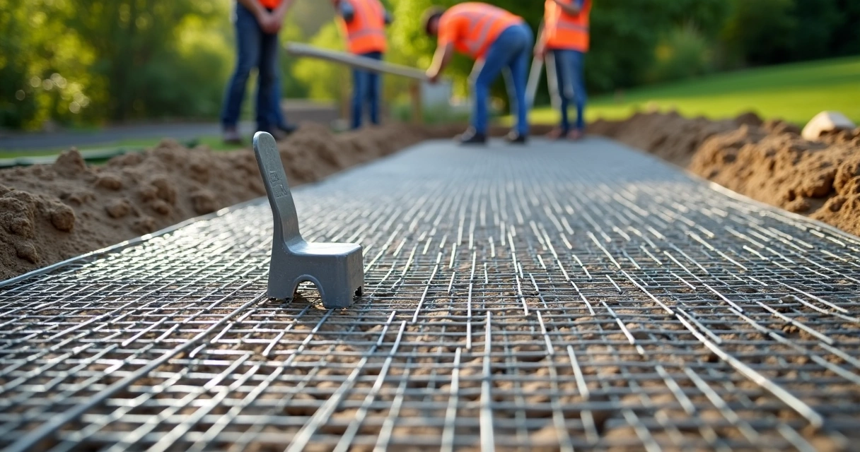 Mesh grid pattern inside a concrete slab setup on a construction site