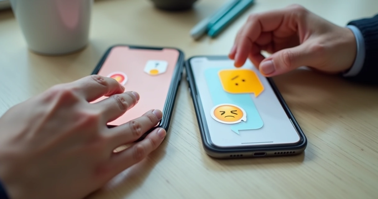 Two smartphones showing heated chat with angry emojis 