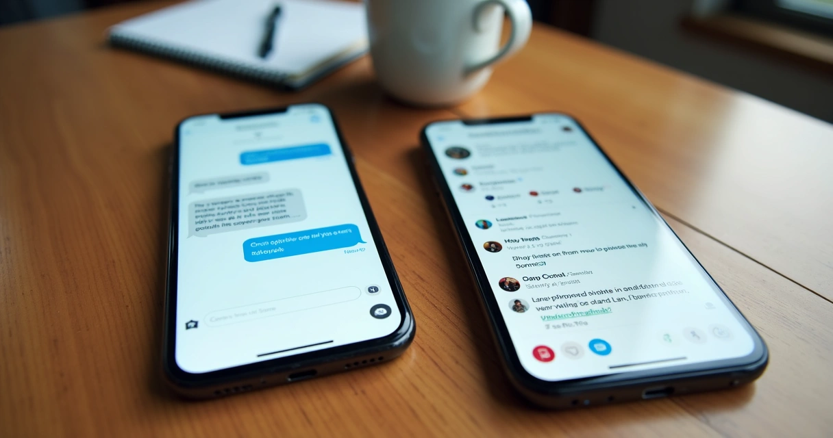 Dois smartphones sobre uma mesa, um exibindo uma conversa privada, o outro mostrando o feed de uma rede social.