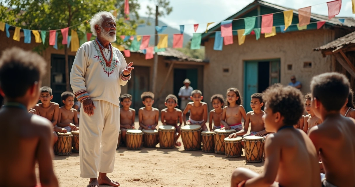 Mestre da cultura popular ensina crianças em roda de capoeira. 
