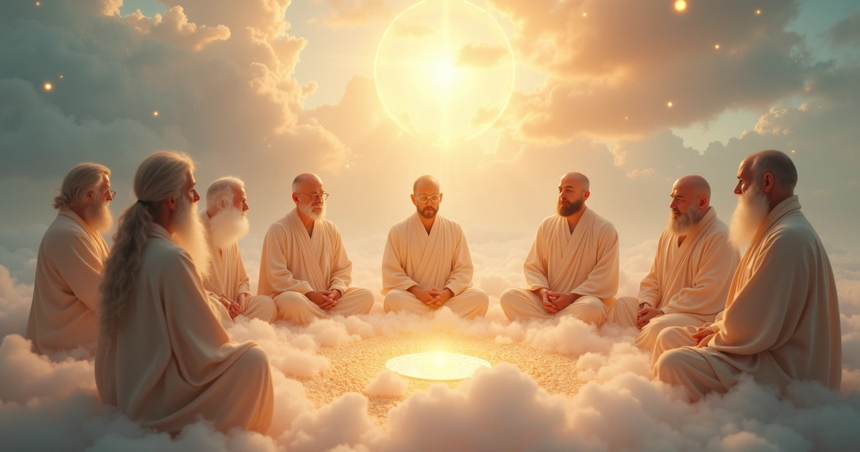 Mestres ascensionados reunidos em círculo irradiando luz 