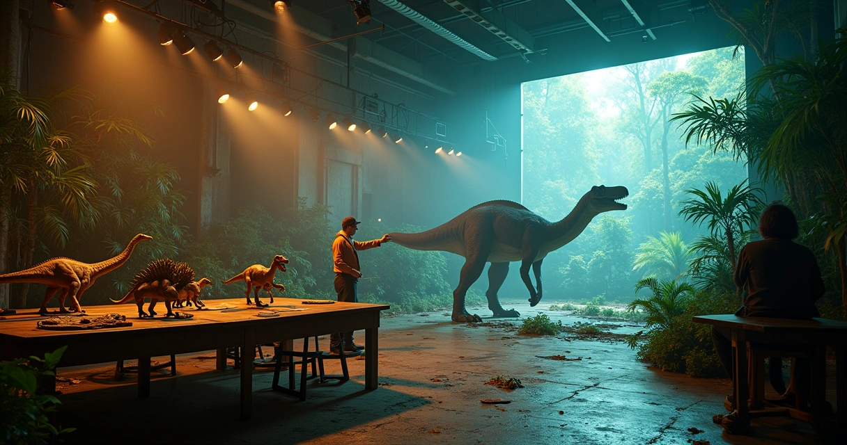 Estúdio cinematográfico com dinossauros em modelos físicos, captura de movimento e animação digital.