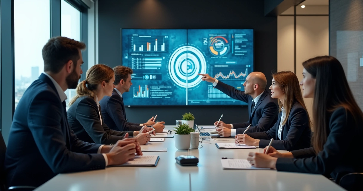 Equipe de negócios em sala de reunião analisando gráficos e metas em um quadro digital 