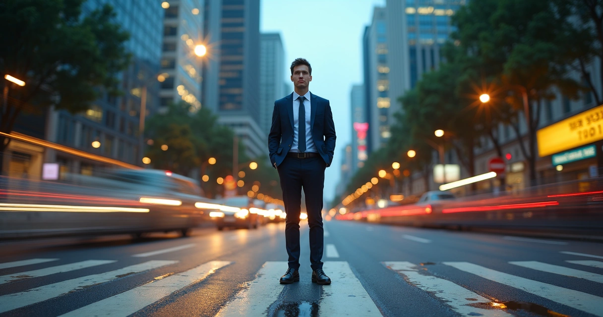 Professional at a busy city crosswalk standing still while everything blurs around 
