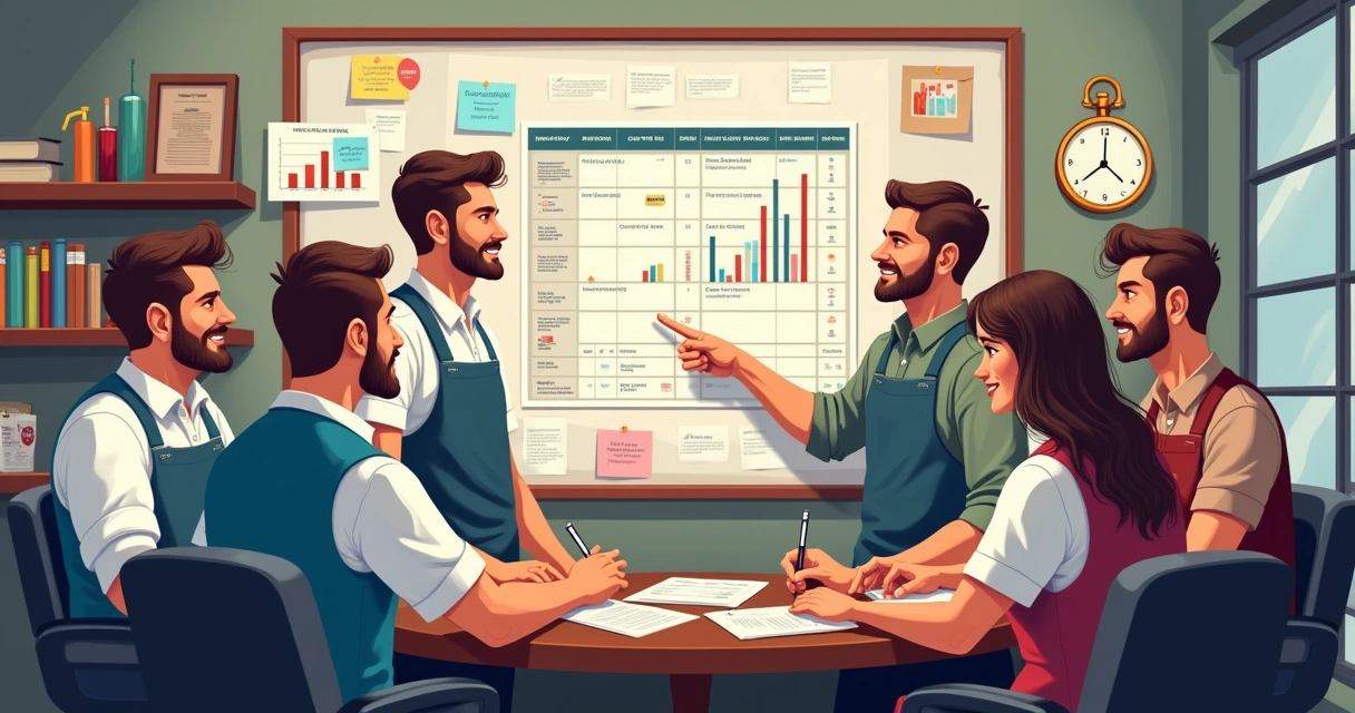 Equipe de barbearia reunida discutindo metas coletivas 