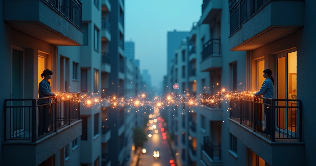 Two people on facing balconies connected by a glowing bridge of colorful shapes 
