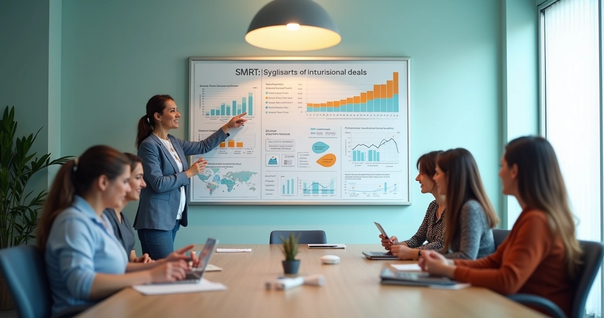 Quadro de metas SMART fixado em sala de reunião de clínica odontológica 