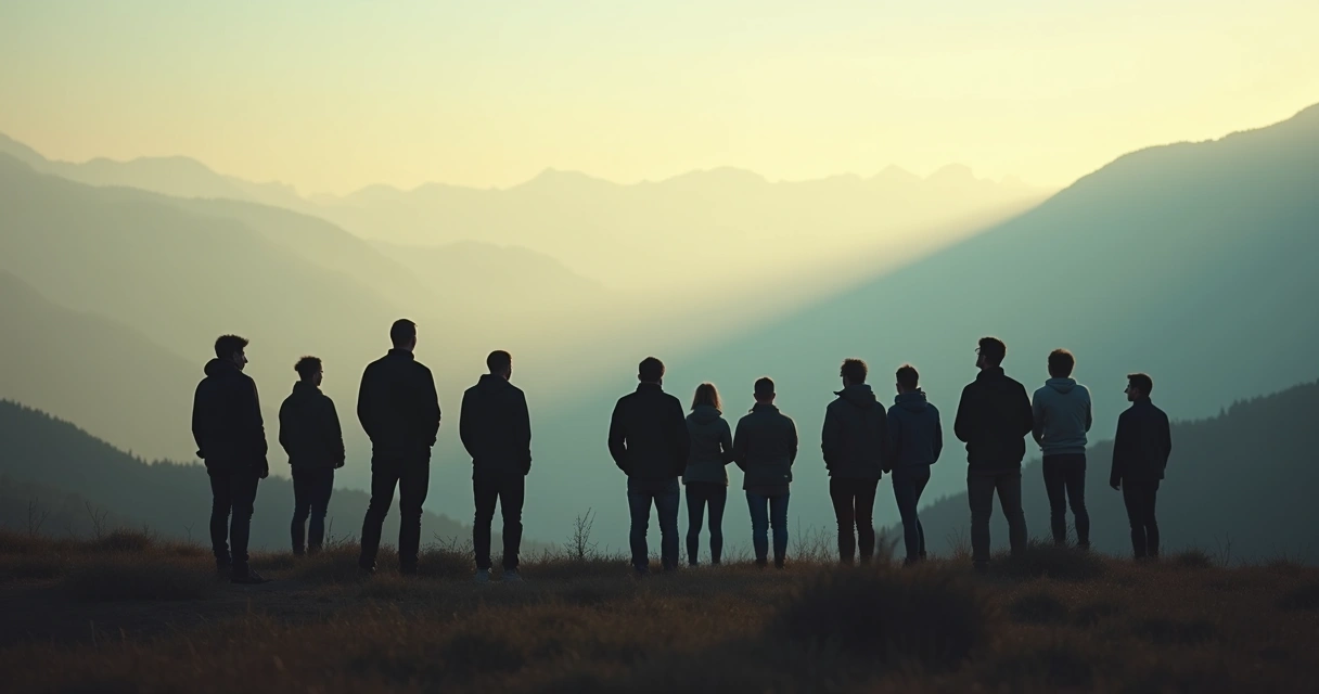 Grupo de pessoas olhando para uma linha tênue no horizonte, simbolizando metas indefinidas 