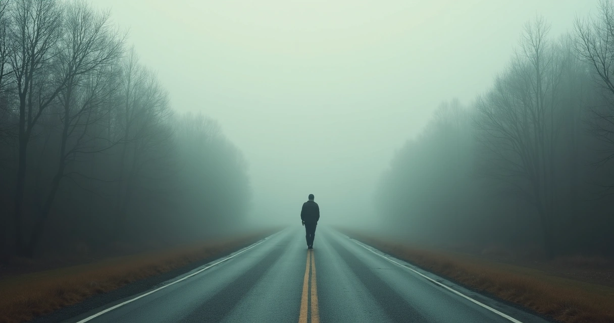 Pessoa caminhando em direção a um objetivo distante, estrada com trechos claros e outros nebulosos. 