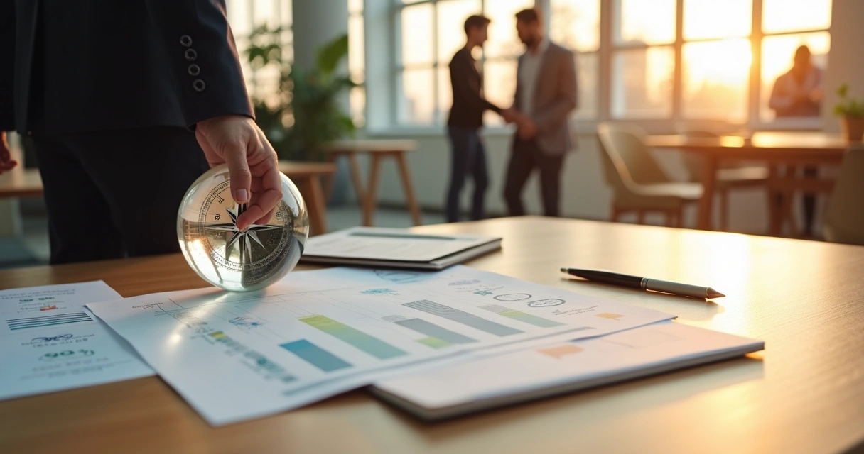 Líder ajustando bússola transparente sobre gráfico de metas 