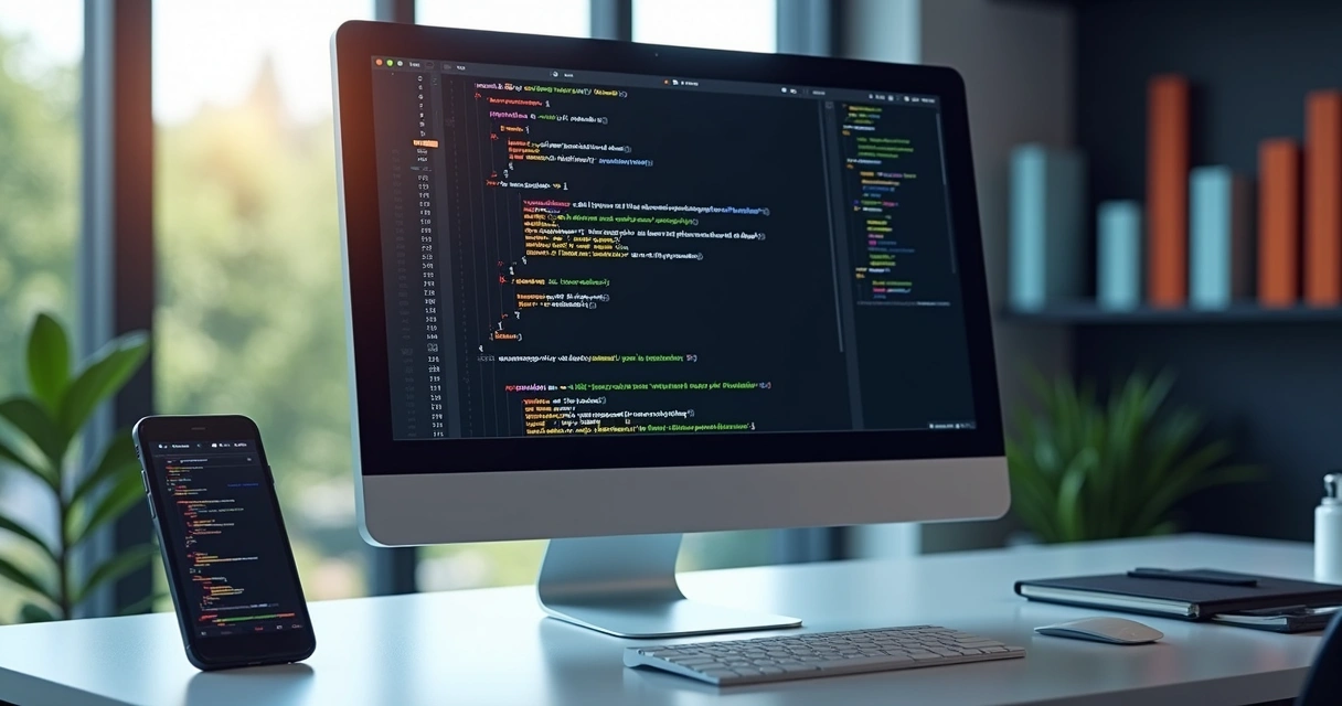 Tela de computador exibindo código HTML com meta tags destacadas para SEO 