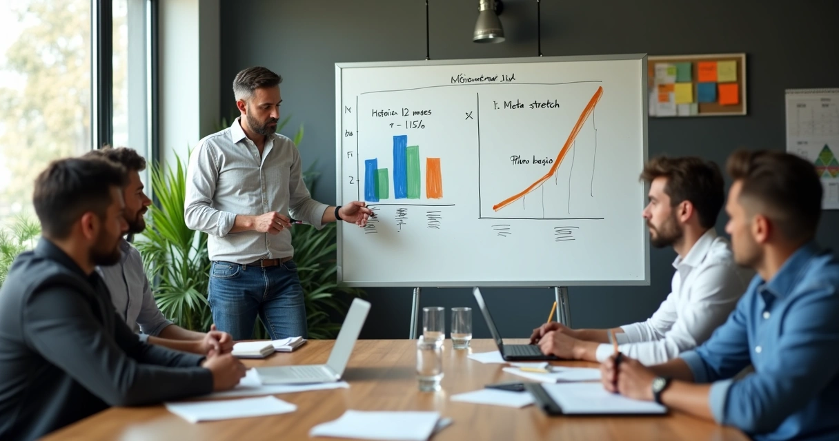 Gestor desenhando metas de vendas em quadro branco diante da equipe de PMEs 