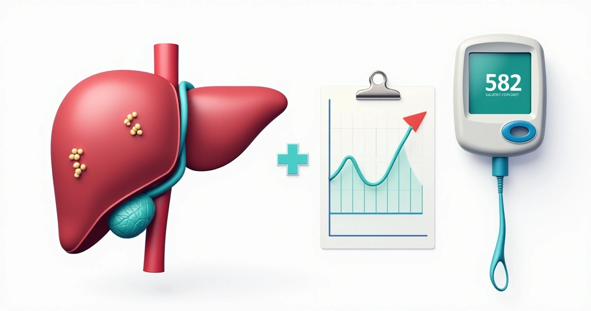 Medical illustration showing decreased liver fat, improved blood glucose, and better cholesterol after medication.