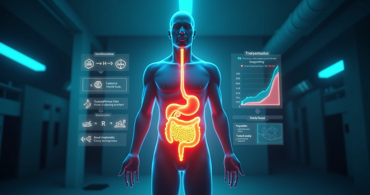 Corpo humano em destaque com gráficos coloridos representando a taxa metabólica 