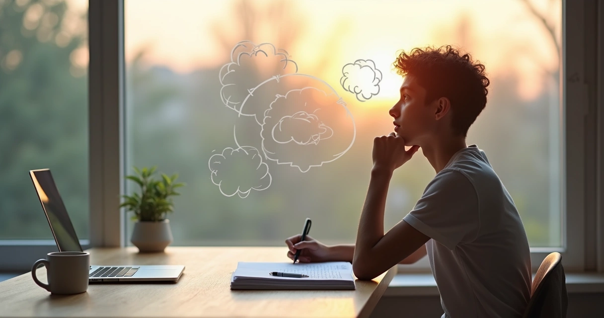 Pessoa refletindo sobre os próprios pensamentos diante de paisagem calma 