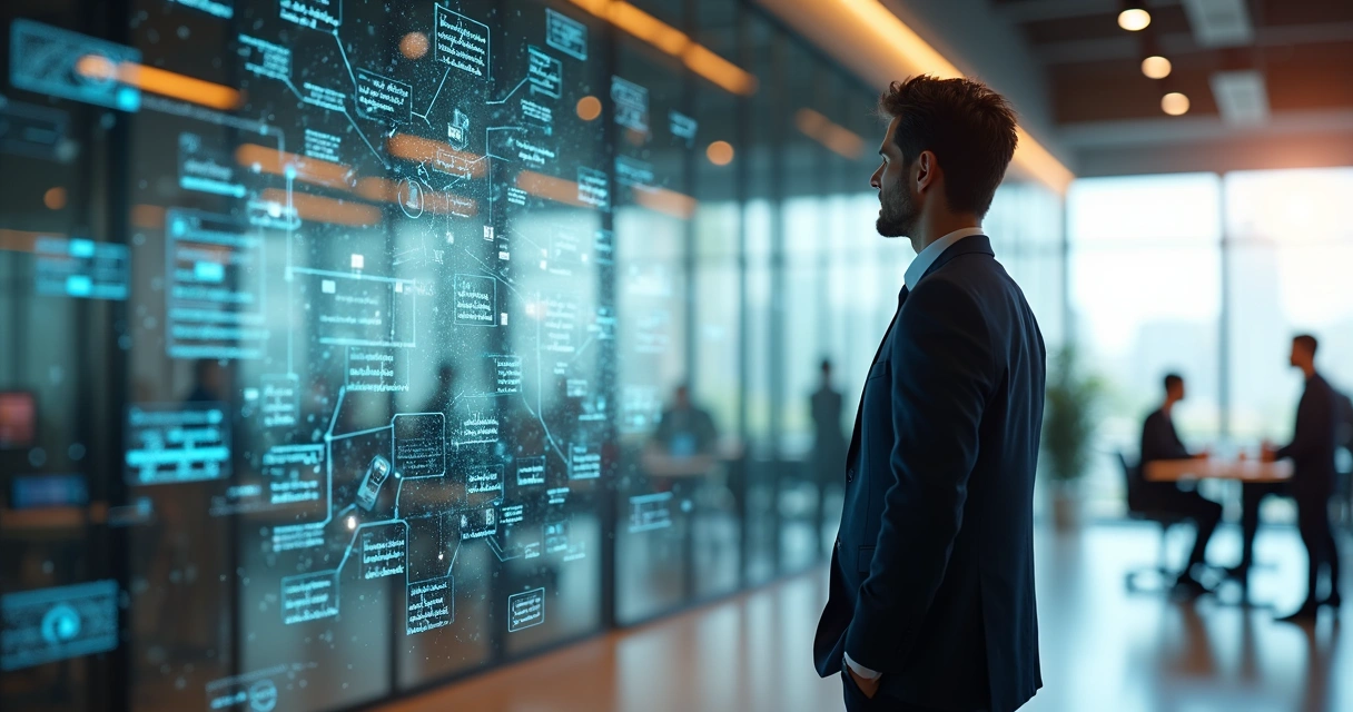 Profissional observando painel transparente com mapas mentais em escritório moderno 
