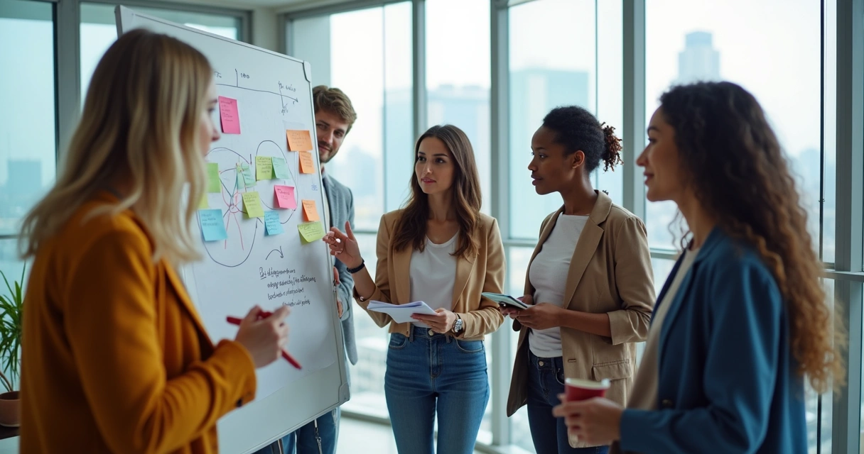 Grupo de personas reflexionando juntos sobre una pizarra en una oficina