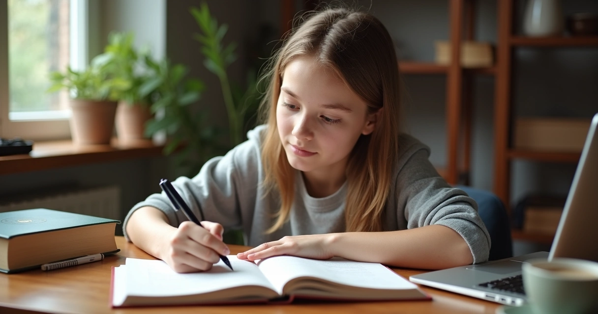 Persona anotando en un diario de aprendizaje, sentado en un escritorio con libros y una taza
