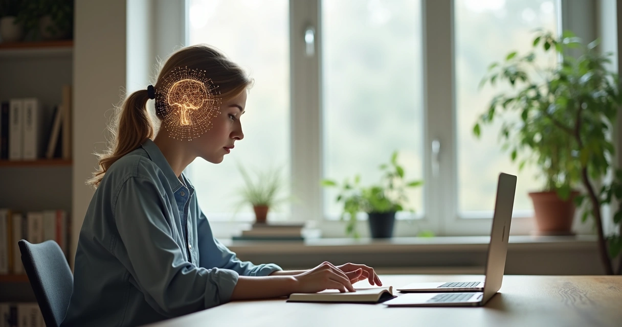 Person observing their own thoughts with layered transparent heads and abstract neural connections 