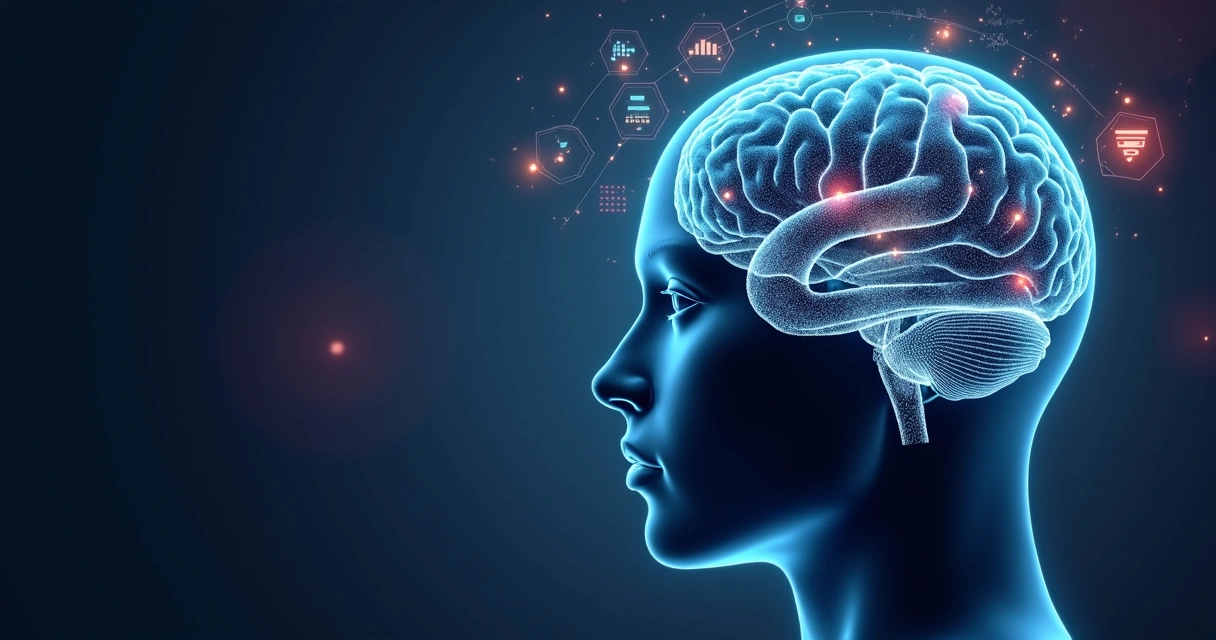 Human head with transparent brain and floating thought icons representing metacognition 