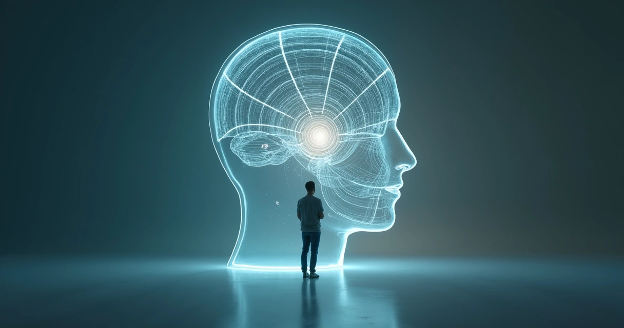 Person standing inside a transparent head-shaped labyrinth illuminated with soft light 