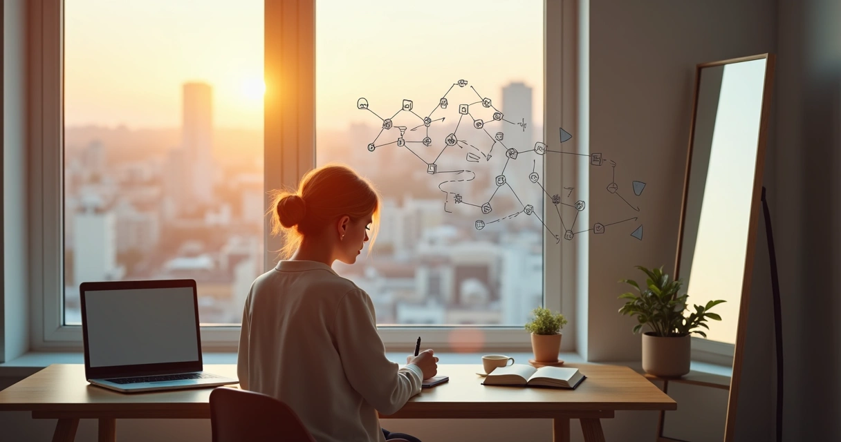Person journaling and reflecting in front of a mirror with floating thought diagrams 