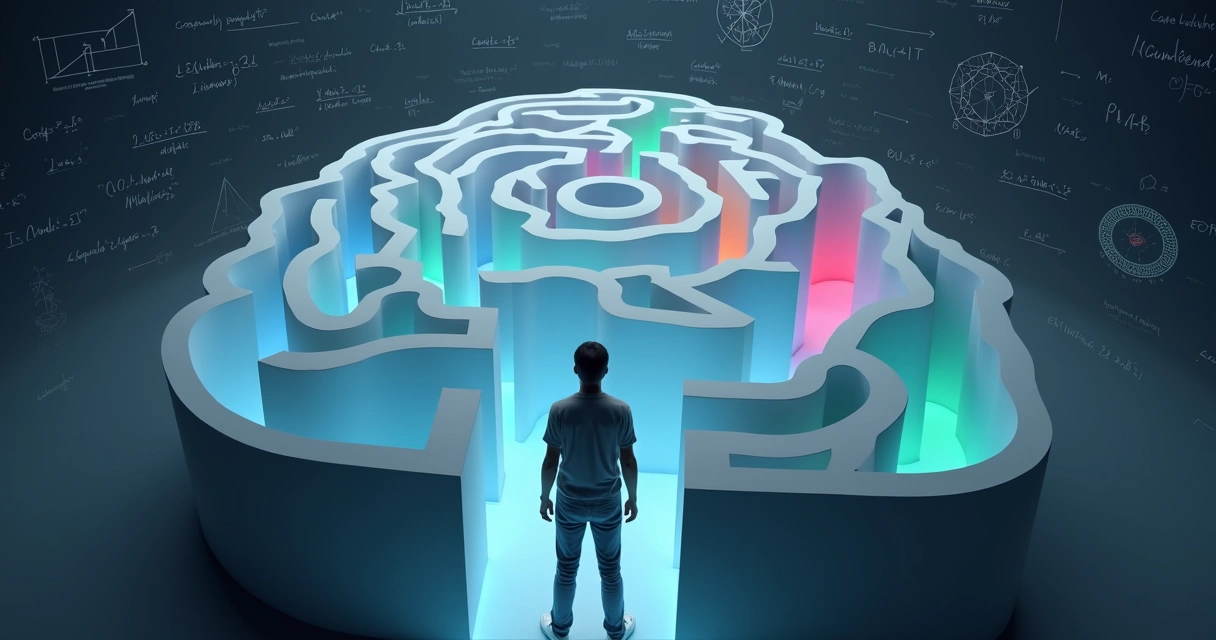 Person navigating a glowing maze shaped like a human brain 
