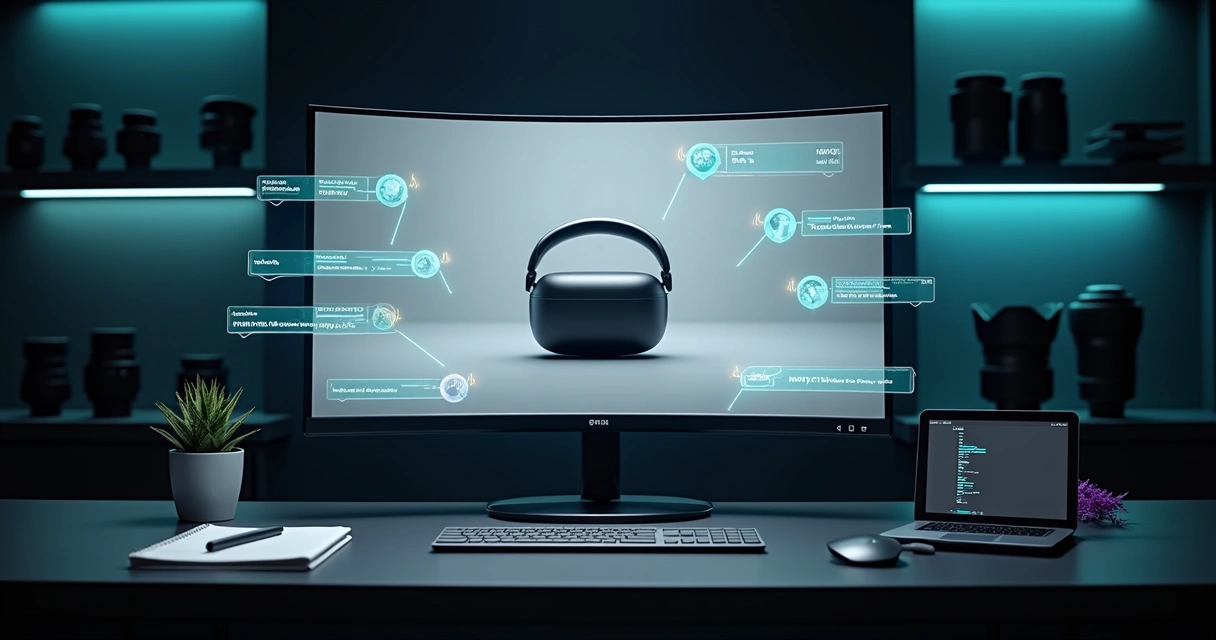 Painel escuro com foto de produto cercada por ícones de metadados e dados de SEO 