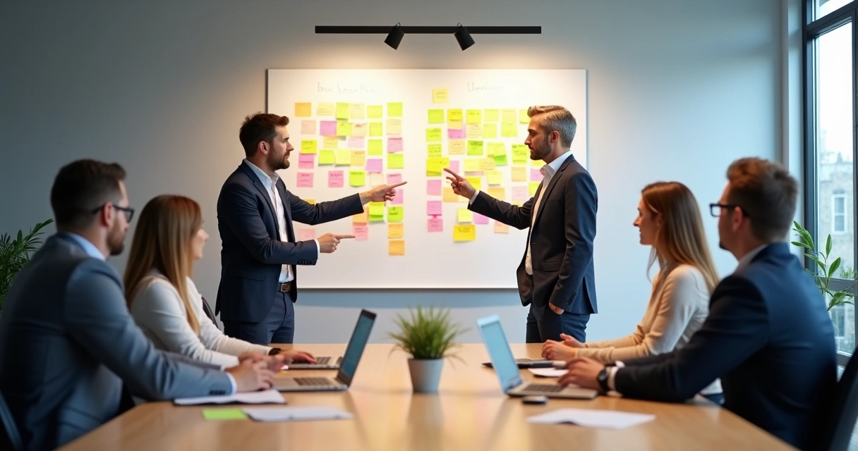 Duas equipes apontando ideias opostas em uma sala de reunião. 