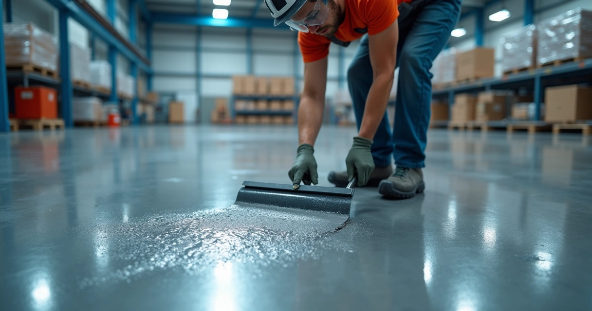 Technician applying metallic epoxy coating to concrete floor