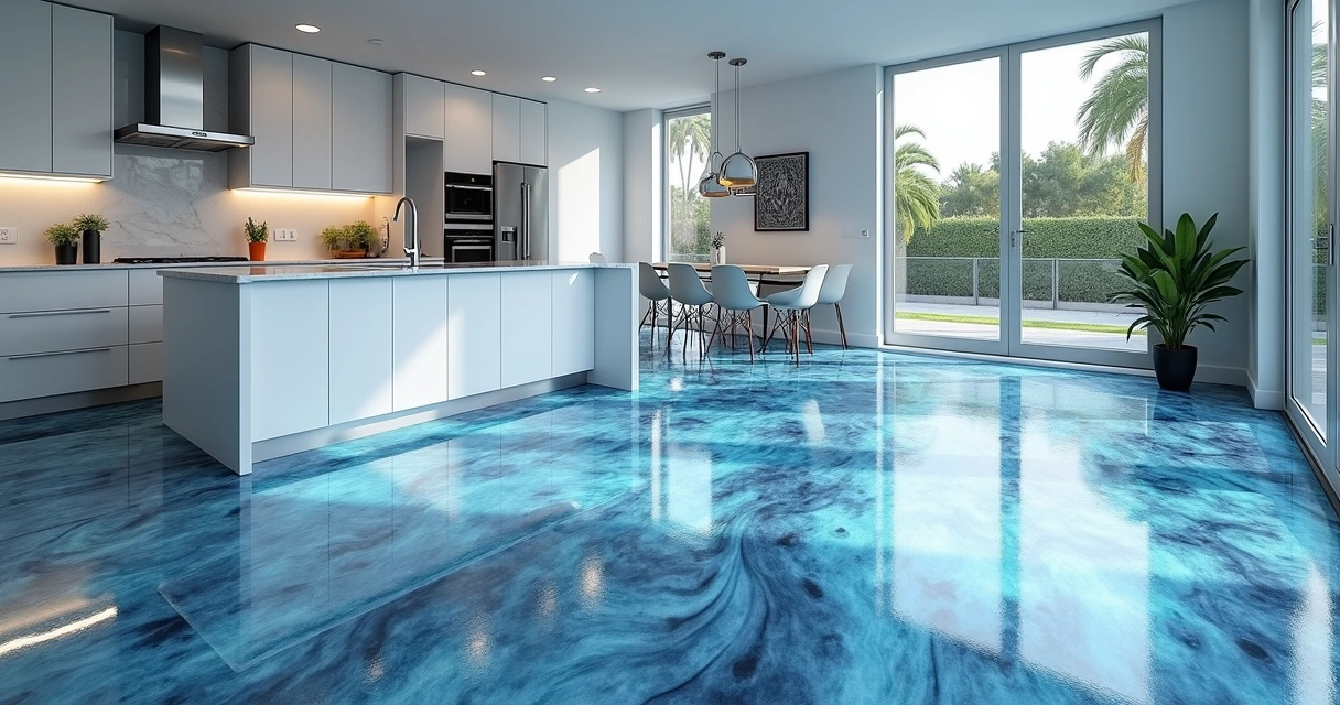 Kitchen with metallic epoxy floor and modern appliances