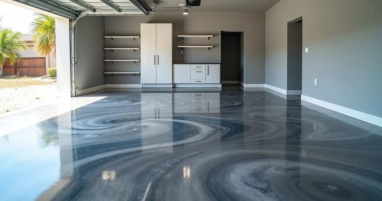 Metallic epoxy coated garage floor in a modern Orlando home 
