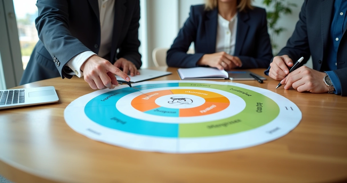 Equipe em mesa redonda conectando metas da empresa em cartões organizados em níveis 