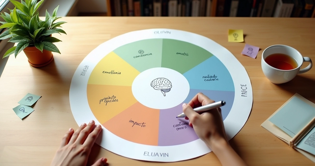 Pessoa traçando metas em caderno circular dividido em cinco áreas coloridas 