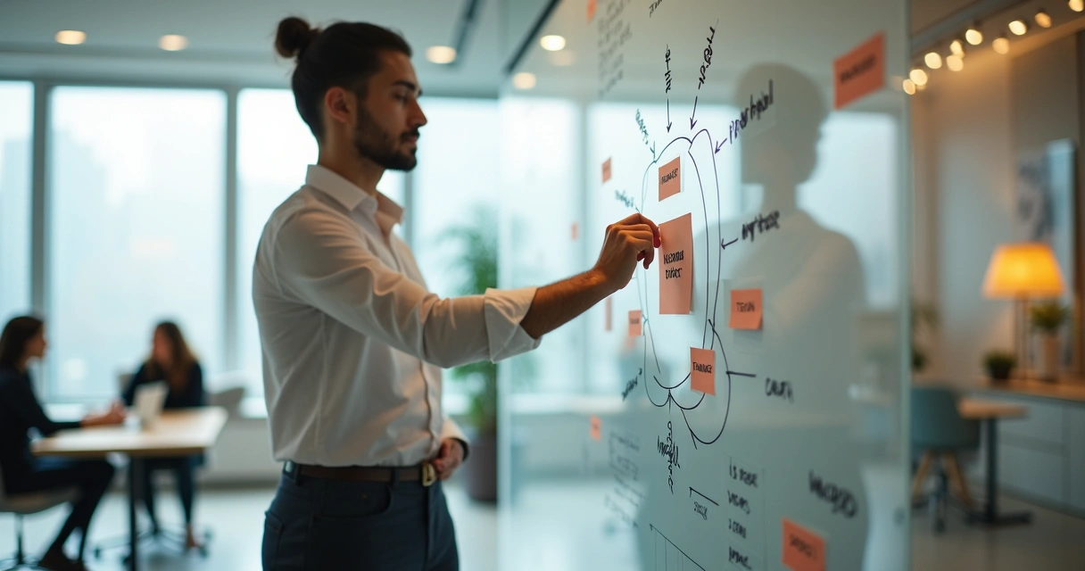 Profissional ajustando metas de marca em painel transparente com gráficos e elementos humanos ao fundo 