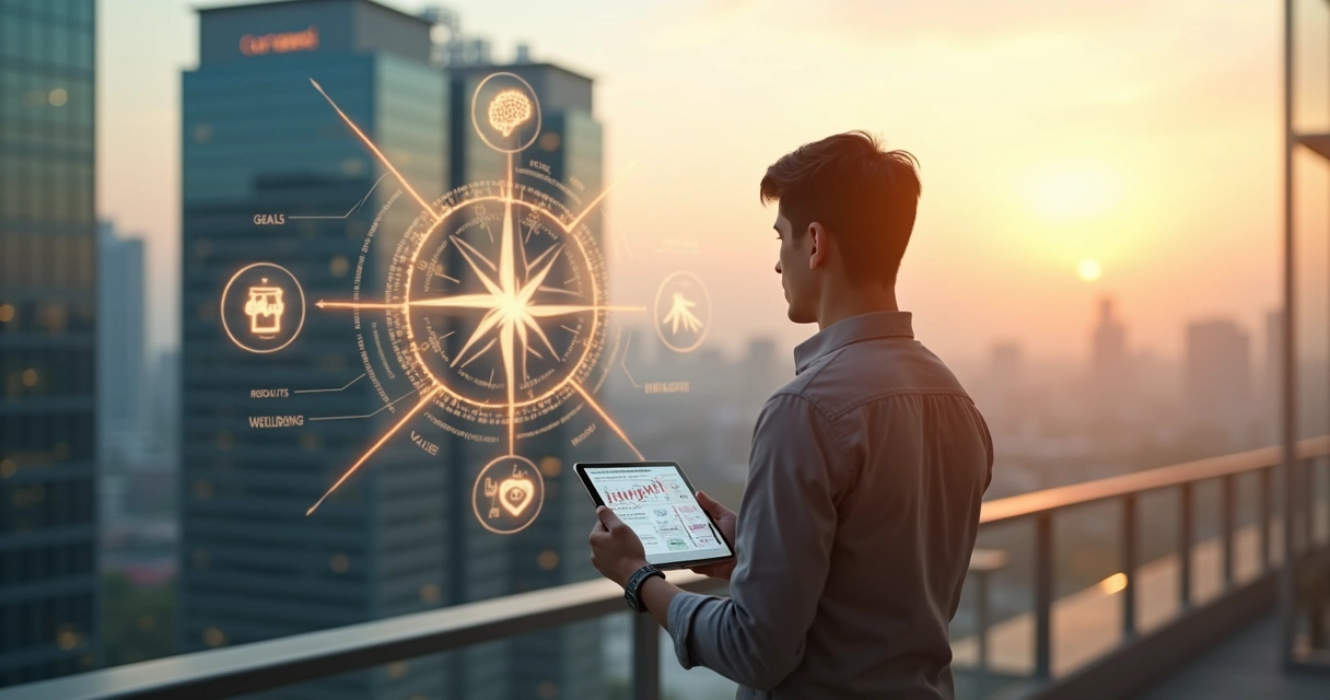 Profissional usando bússola digital alinhada a prédios corporativos ao fundo 