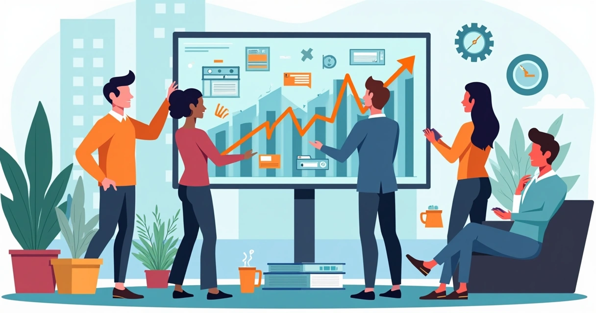 Equipe de negócios analisando metas em painel digital