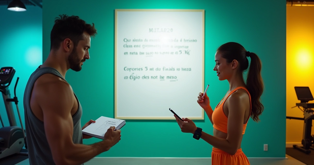 Espaço de treino com metas escritas, homem anotando e mulher checando estatísticas, ambiente motivador.